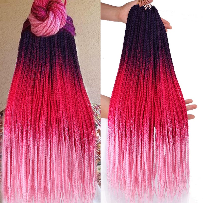 Box Braids Crochet Hair 24 Inch Pre Looped 3X Goddess 6 Packs Ombre Red Pink Box Braids Crochet Hair for Black Women Knotless Straight Braiding Hair ExtensionsPurpleRedPink